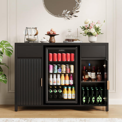 Garvee 53" Large Coffee Bar Cabinet with Fridge Space, Mini Fridge Cabinet with Wine Storage, Buffet Sideboard Table for Home, Fluted Liquor Cabinet with Wine Rack for Home, Living Room-Black