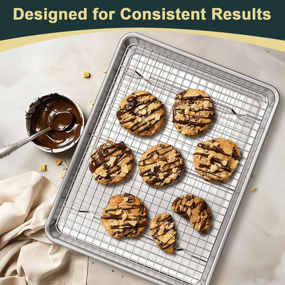 Wildone Baking Sheet with Rack Set (2 Pans + 2 Racks), Natural Aluminum Commercial Quality Cookie Sheet with Cooling Rack, Nonstick Baking Pan, Warp Resistant & Heavy Duty, Half Sheet Size