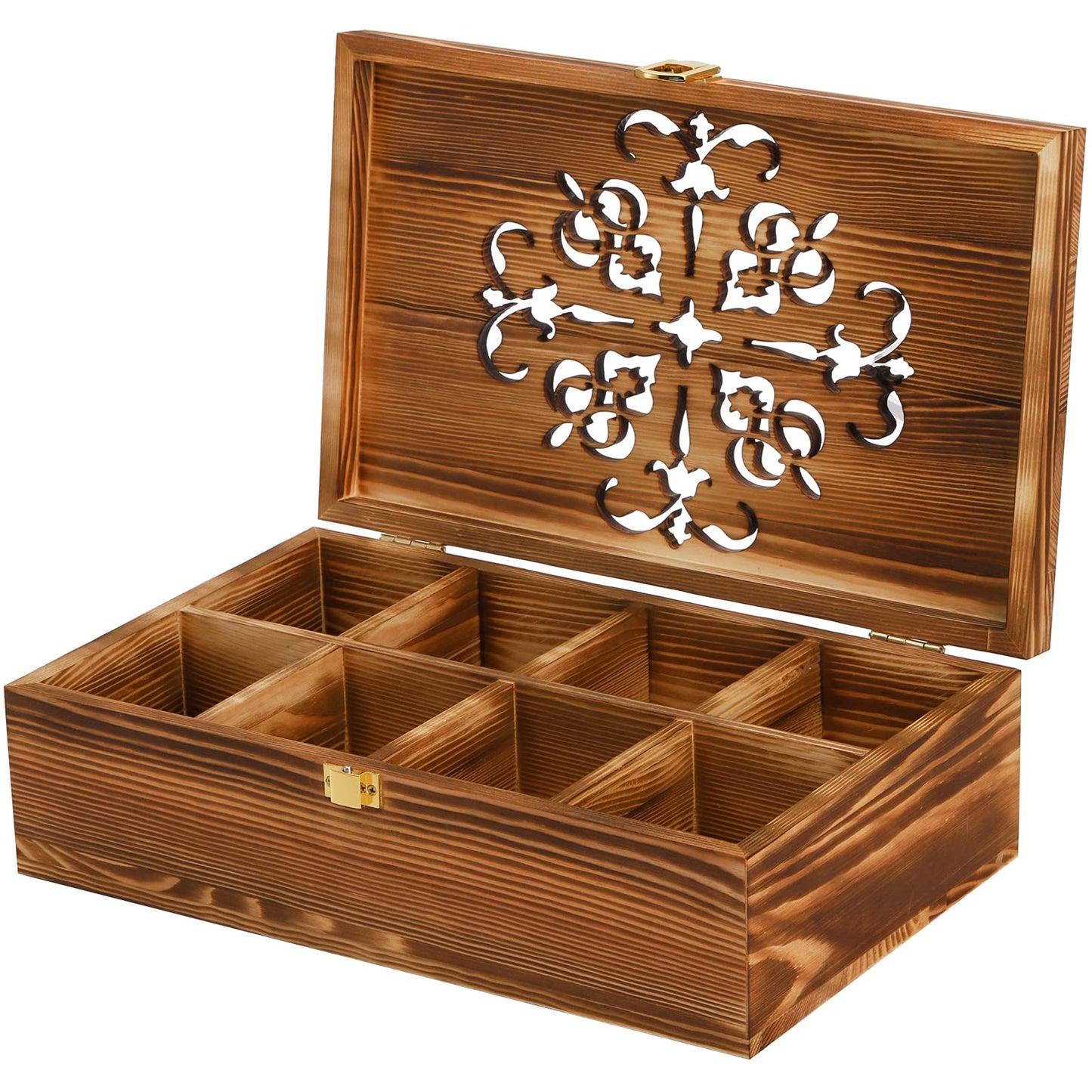 Coloch Wooden Tea Bag Storage Box with Carved Lid, 8-Compartment Tea Chest Organizer Spice Packets Container for Living Room, Kitchen, Office, Home Decor