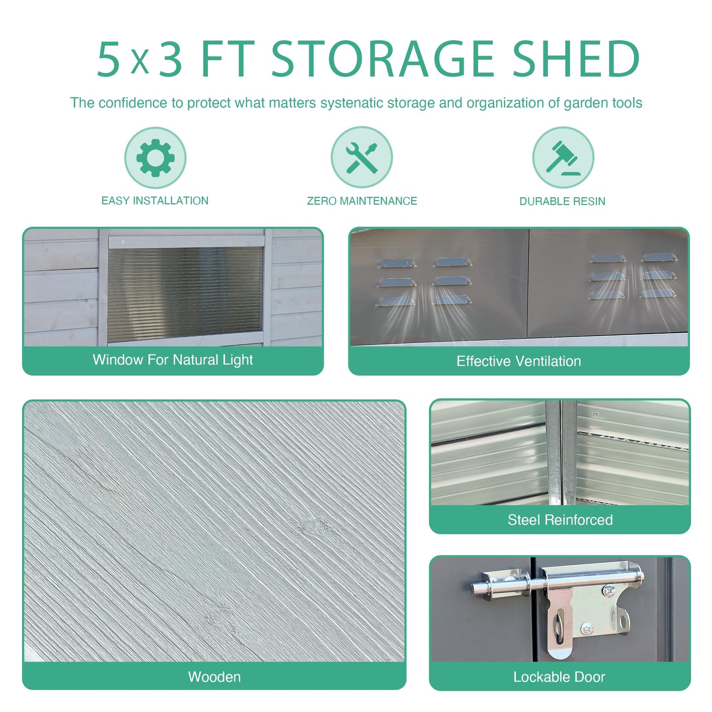Jaxenor 5x3 FT Outdoor Wood Storage Shed, Garden Tool Shed with Windows, Outside Storage Shed Waterproof for Backyard, Garden, Patio, 4 Vents (Without Floor) Gray