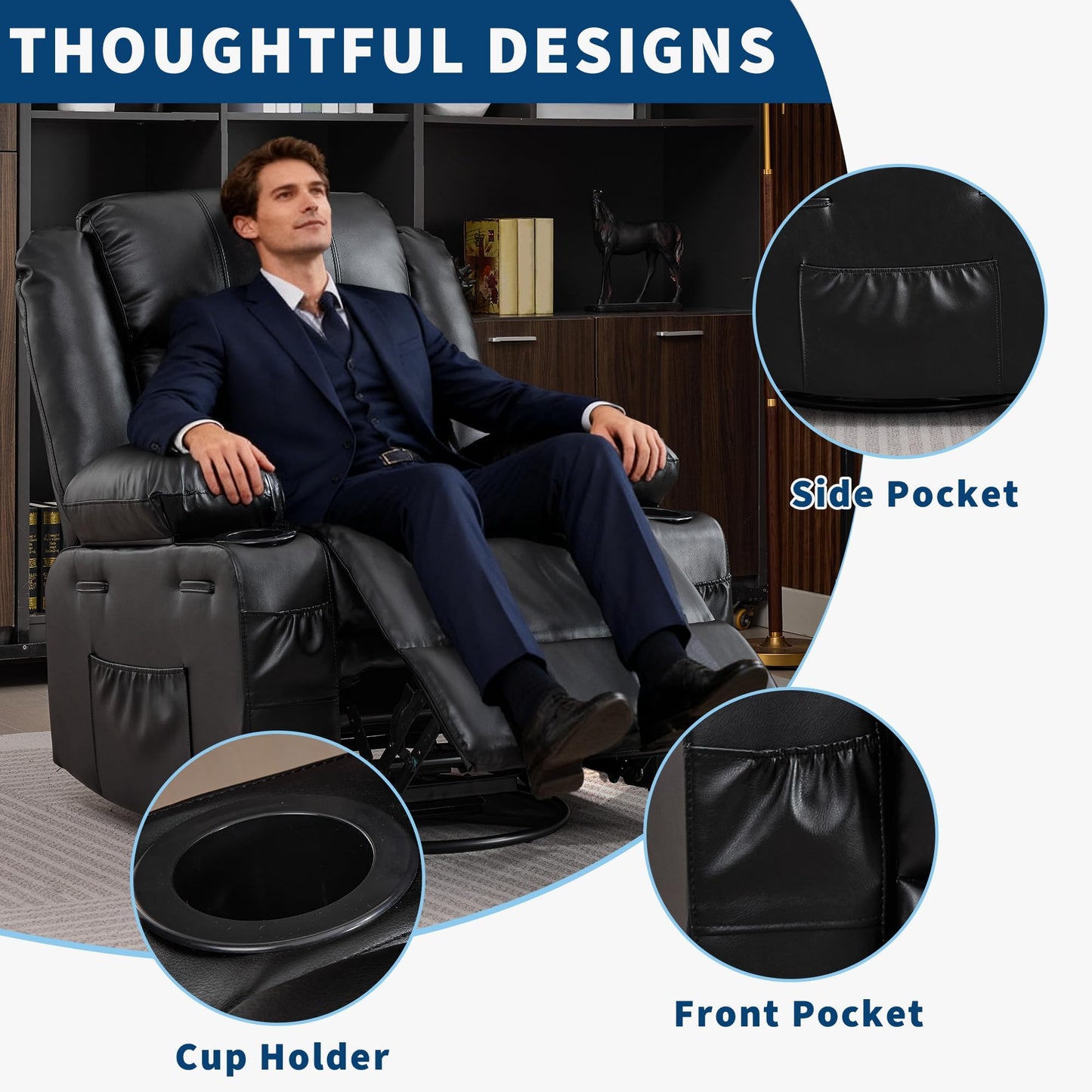 Rocking Recliner Chair for Adults Wide 360° Swivel Rocker Recliner with Cup Holder Nursery Glider with Upholstered Deep Seat PU Leather Comfy Single Sofa for Living Room Black