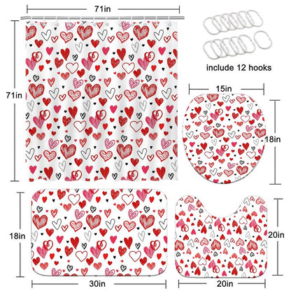 Mocsicka Valentines Shower Curtain Set for Bathroom, 4Pcs Doodle Style Red Heart Valentine Bathroom Sets with Non Slip Rugs, Toilet Lid Cover, Bath Mat, Shower Curtain, Bathroom Decor with 12 Hooks