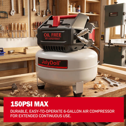 6 Gallon Pancake Air Compressor, 2.0 HP, Max 150 PSI, Oil-Free Motor, Portable Air Compressor for Garage, Workshop, Tire Inflation