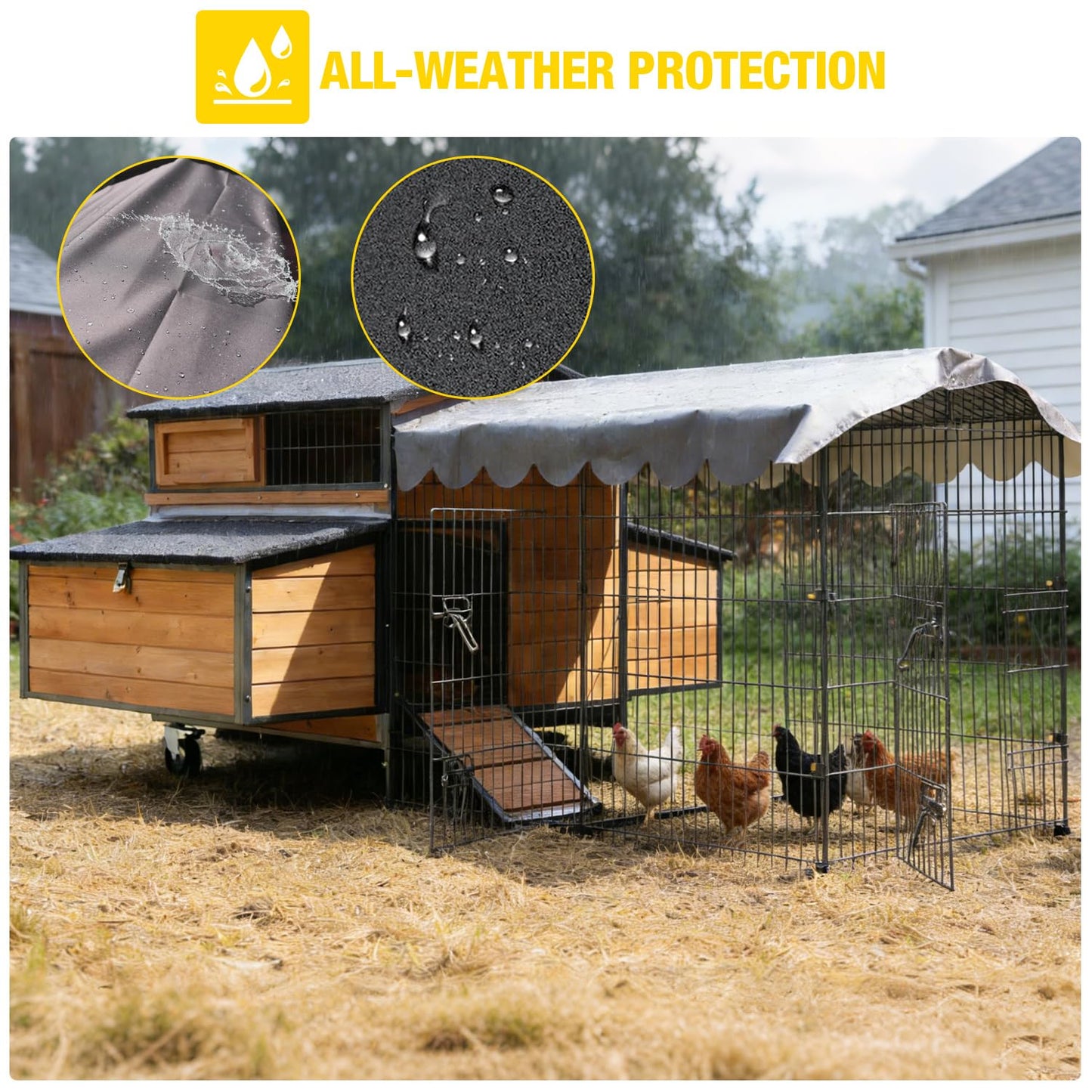 Large Mobile Chicken Coop with Run, Wheels & Leakproof Pull-Out Tray – Weatherproof Hen House with Nesting Box for Chickens, Ducks, Rabbits