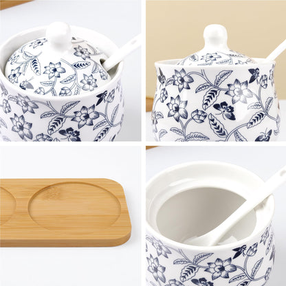 fanquare Blue and White Floral Ceramic Sugar Bowl with Lid, Spoon and Tray, Coffee Sugar Canister Set of 3, Seasoning Box Salt Bowl for Kitchen, 9.5 Ounces