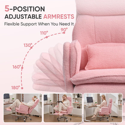 EGSEAT Big and Tall Office Chair with Flip Armrests, Cross Legged Office Chair with Storage Pockets, Comfortable Reclining Computer Chair with Foot Rest, Wide Home Desk Chair, Teddy Fleece, Pink