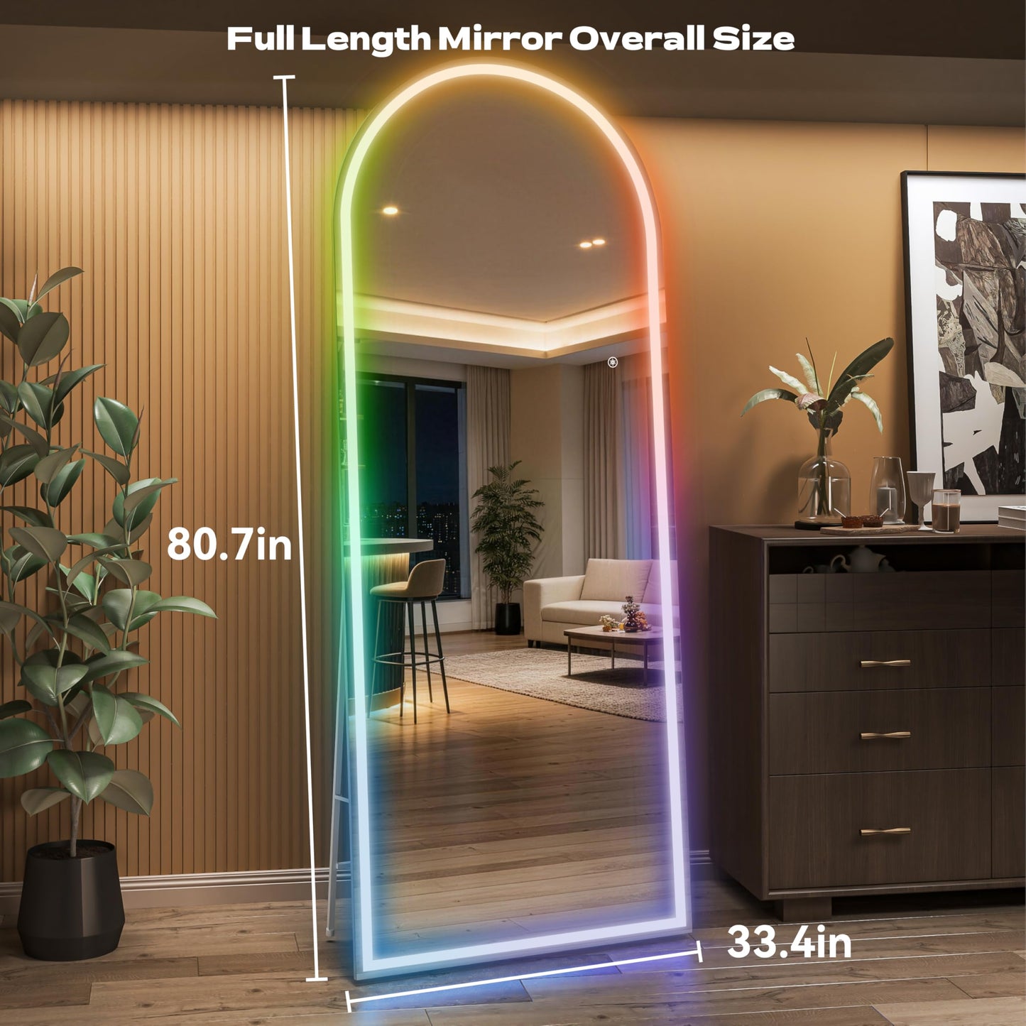 Hasipu Arch Full Length Mirror 81 x 34 in with Stand — Arch LED RGB Full Body Mirror, 7 Lighting Modes, Dimmable, Built‑in Bluetooth Speaker, White Frame for Bedroom Dressing Room
