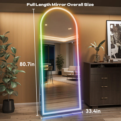 Hasipu Arch Full Length Mirror 81 x 34 in with Stand — Arch LED RGB Full Body Mirror, 7 Lighting Modes, Dimmable, Built‑in Bluetooth Speaker, White Frame for Bedroom Dressing Room