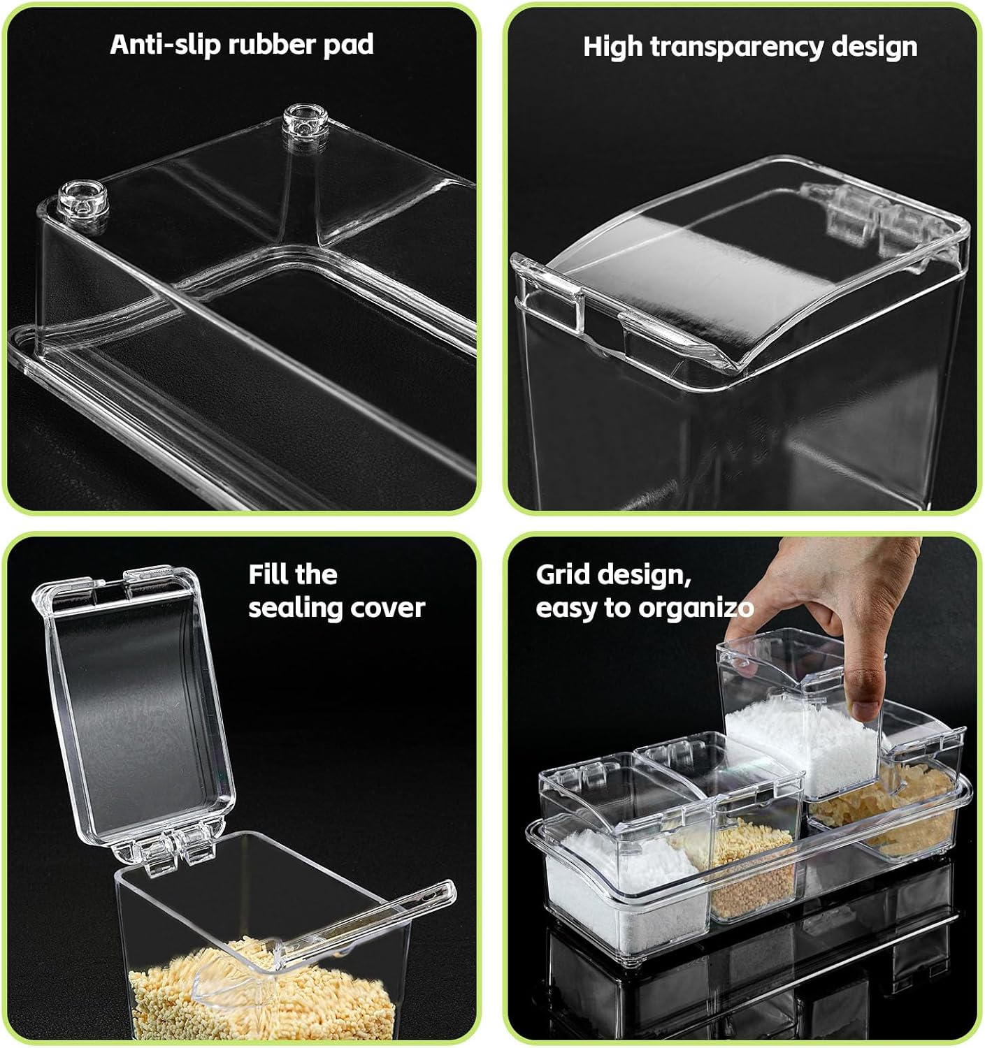 Clear Seasoning Box, 2 Pieces with Spoon, 8 Pieces Kitchen Spice Pots for Salt, Sugar, Pepper, Acrylic Storage