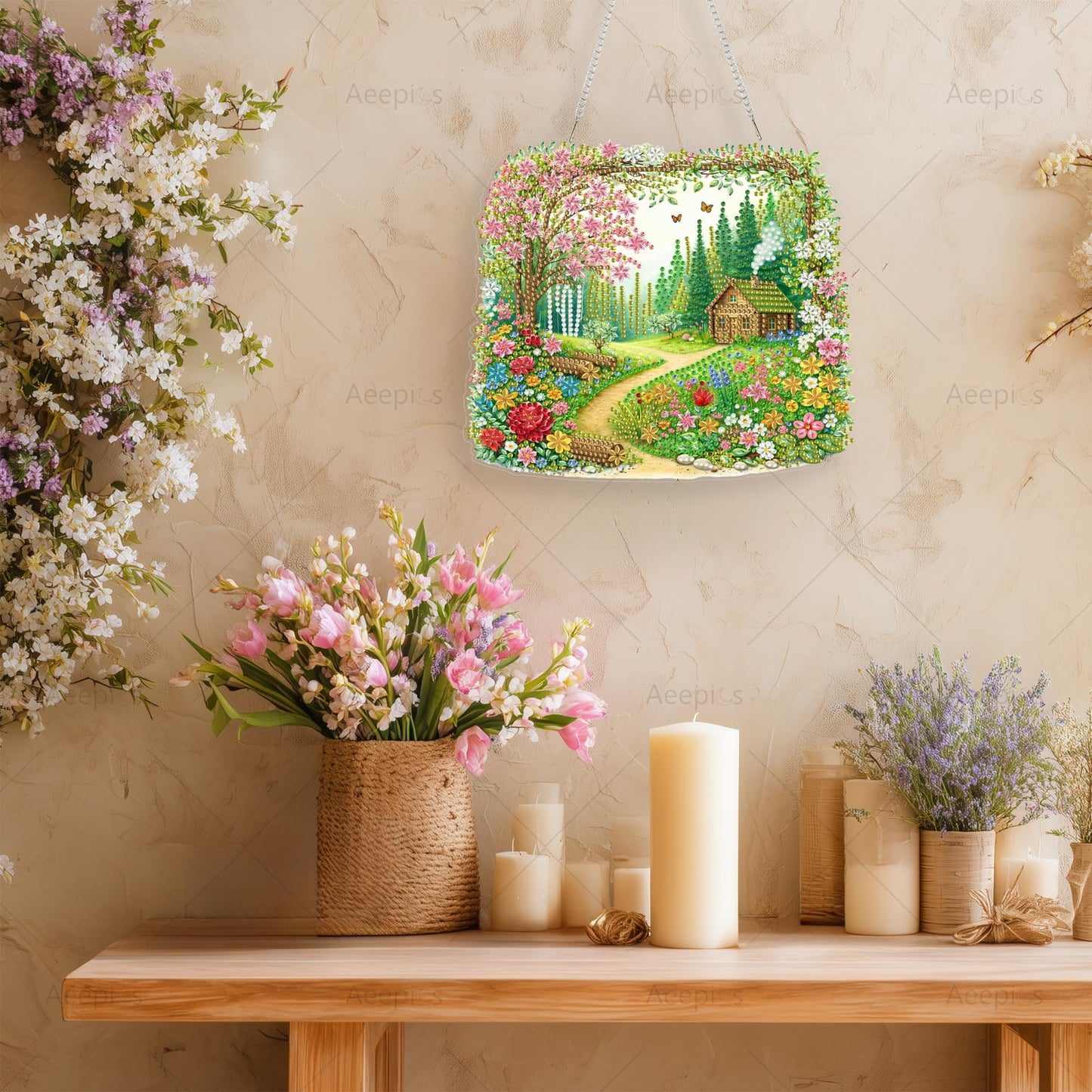 Aeepics Hanging Diamond Art Kit for Adult, DIY Diamonds Painting Pendant Ornament Kit, Acrylic Diamond Art Painting Board Kit (Cabin in The Wood)