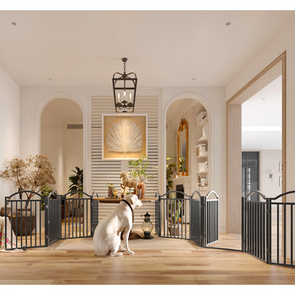 BHG Metal No-Assembly Freestanding Dog Gate with Door Walk Through, Extra Wide 96", Extra Tall 32" Pet Gate, Accordion Puppy Folding Playpen Dog Fence for Indoor & Outdoor, with 2PCS Support - Black