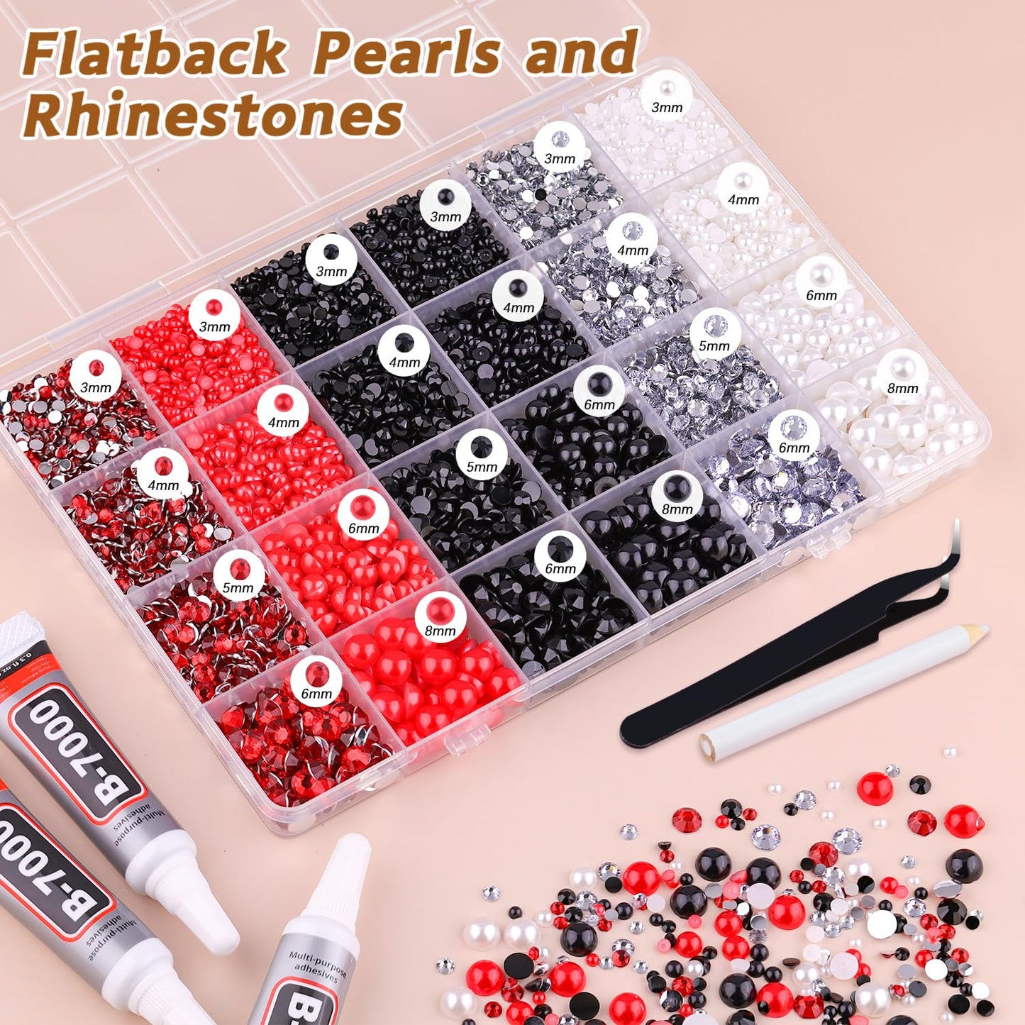 14000PCS Flatback Pearls and Rhinestones for Bedazzling Kit, Red White Black 3-10mm Resin Rhinestones and Half Pearls for Crafting, Nail Art Crafts Dec with 3pcs B7000 Jewelry Glue