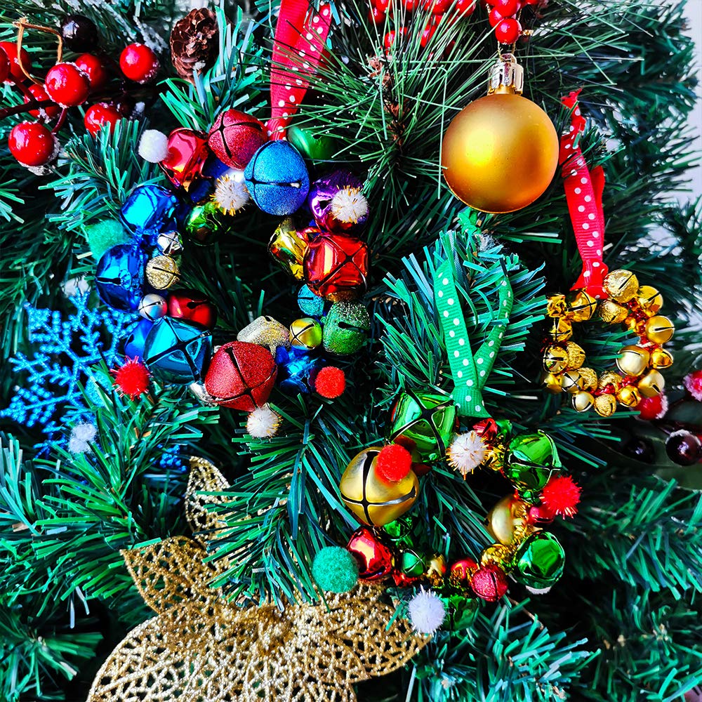 Winlyn 475 Set Christmas Jingle Bell Wreath Christmas Tree Ornaments Craft Kit Jingle Bell Metallic Chenille Stems Glitter Pom-Poms Ribbon Assortment for Kids Holiday Xmas Bracelets Necklaces Artwork