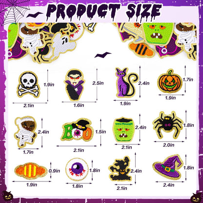 50 Pcs Halloween Patches Chenille Patches Self Adhesive Embroidered Autumn Halloween Pumpkin Ghost Skeleton Witch Hat Spider Gravestone Zombie Stick on Patch Stickers for Backpacks Hats Bags Jackets