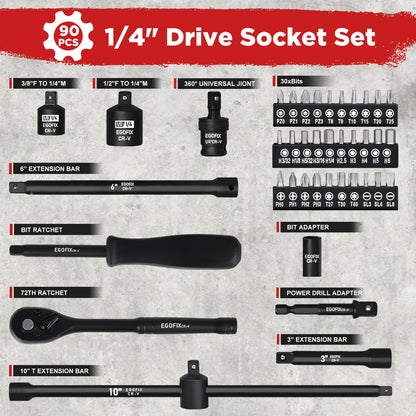 EGOFIX 90PCS 1/4" Drive Impact Socket Set Metric 4-15mm and Standard SAE Size (5/32"-9/16"), with 72-Teeth Ratchet, Screwdriver Bit Set, Mechanics Tool Kit for Home Use and Automotive Repair
