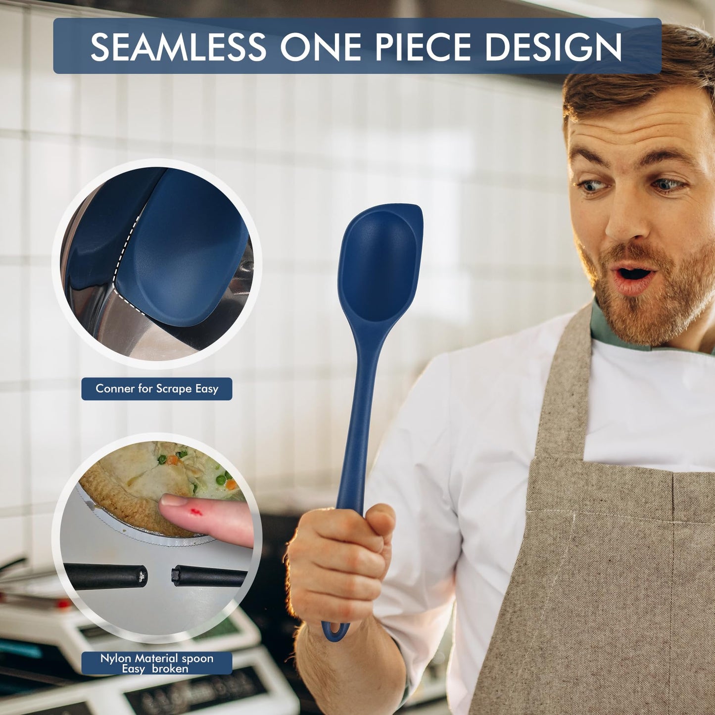 HOTEC 446°F Heat Resistant Silicone Cooking Spoon Spatula, BPA Free Large Kitchen Solid and Slotted Spoons for Mixing, Serving, Scraping, Non-stick, Dishwasher Safe Classic Blue 12.5inch