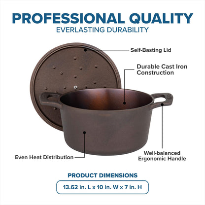 Viking Nonstick 5 Quart Dutch Oven with Self-Basting Lid, Bronze Cast Iron Cookware Pot, Made without PFAS, Induction Compatible, Oven Safe to 500F