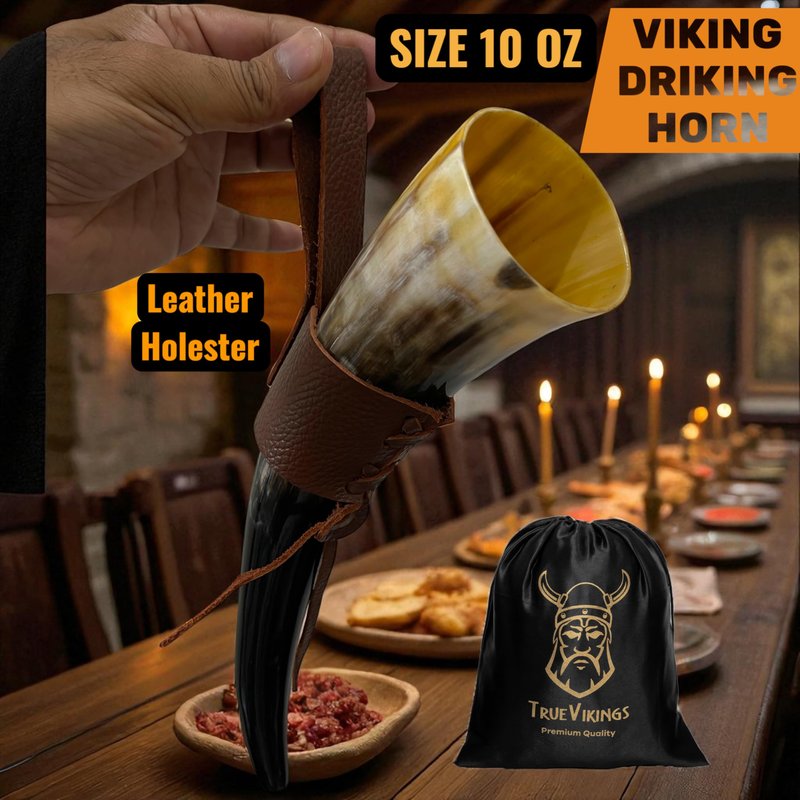 Drinking Horn — 10-12 Inch Viking Gifts for Men & Women | With Thor Bottle Opener & Stand | Handmade & Real Ox Horns | Norse Viking Cup Perfect For Beer, Ale, Mead (12 Oz) (Natural Polished)