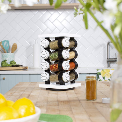 Orii 16 Jar Rotating White Spice Rack with Spices Included & 5-Year Spice Refill Program – Compact Countertop Spice Rack with Glass Jars