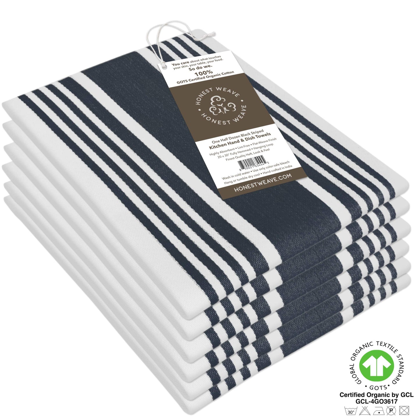 HONEST WEAVE GOTS Certified Organic Cotton Kitchen Hand and Dish Towel Sets - Oversized 20x30 inches, Fully Hemmed, in Designer Colors, 6-Pack, Black Stripe
