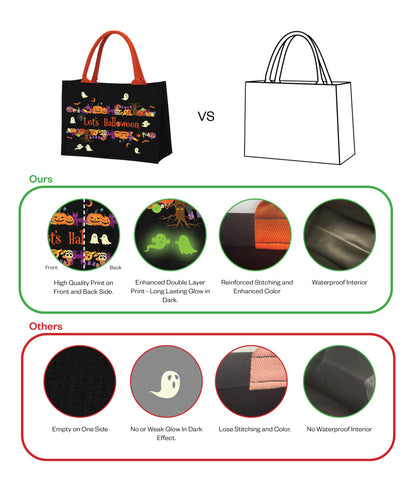 Let's Tote Halloween Canvas Candy Tote Bag With Handle, Ghosts Glow In The Dark, Great Pumpkin Halloween Party Gift. Reusable Bag for Trick or Treat, Candy Bucket. (Large 1-Pack)