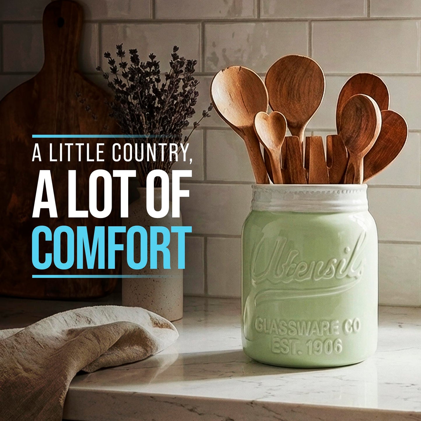 Comfify Wide Mouth Mason Jar Utensil Holder Decorative Kitchenware Organizer Crock, Dishwasher Safe - Kitchen Caddy Green, Large Size 7" Hight