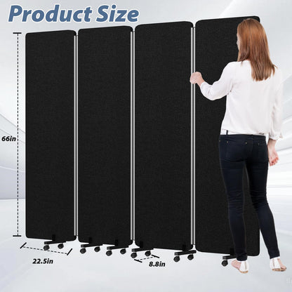 Room Divider Soundproof Privacy Panel with Wheel, 4 Panel-2Pack Wall Divider (Aluminum Frame) for Room Partition, Folding Room Dividers for Space Separation Office Cubicle Divider Separator, Black