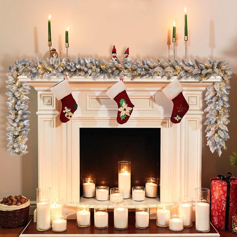 KOIUEYW Flocked Garland with Lights,9FT Battery-Powered Pre-Lit Christmas Garland, Glittered Artificial Christmas Garland with Warm LEDs for Mantle Home Fireplace Stairs Party Decoration