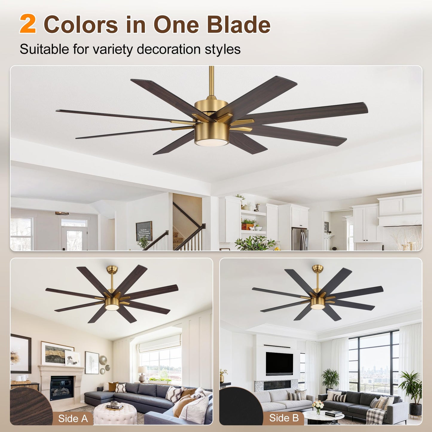 WINGBO 64 Inch Ceiling Fan with Light - 8 Plywood Blades, 6-Speed Reversible DC Motor, Noiseless Remote Control Ceiling Fans with Lights for Bedroom Living Room Kitchen, Gold and Walnut/Black
