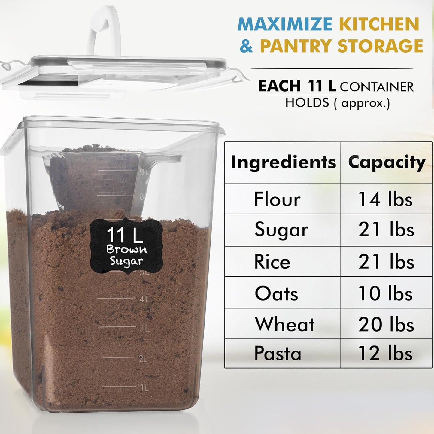2 (11L 372 oz) Shazo PC | Flour Sugar Storage Containers with Easy Carry Handle - Plastic Extra Large Food Storage