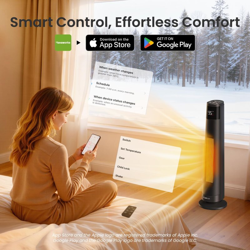 FLANUR 1500W Space Heaters for Indoor Use Large Room, WIFI Electric Heater with Voice Control, 5 Modes, ECO Thermostat, 12H Timer, Quiet & Safety PTC Ceramic Heater for Bedroom, Black, 1 Pack