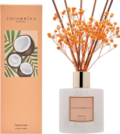 Set 6.7oz Cocorrna Premium Reed Diffuser with Preserved Baby's Breath & Cotton Stick Coconut Lime | Scent Fragrance Oil