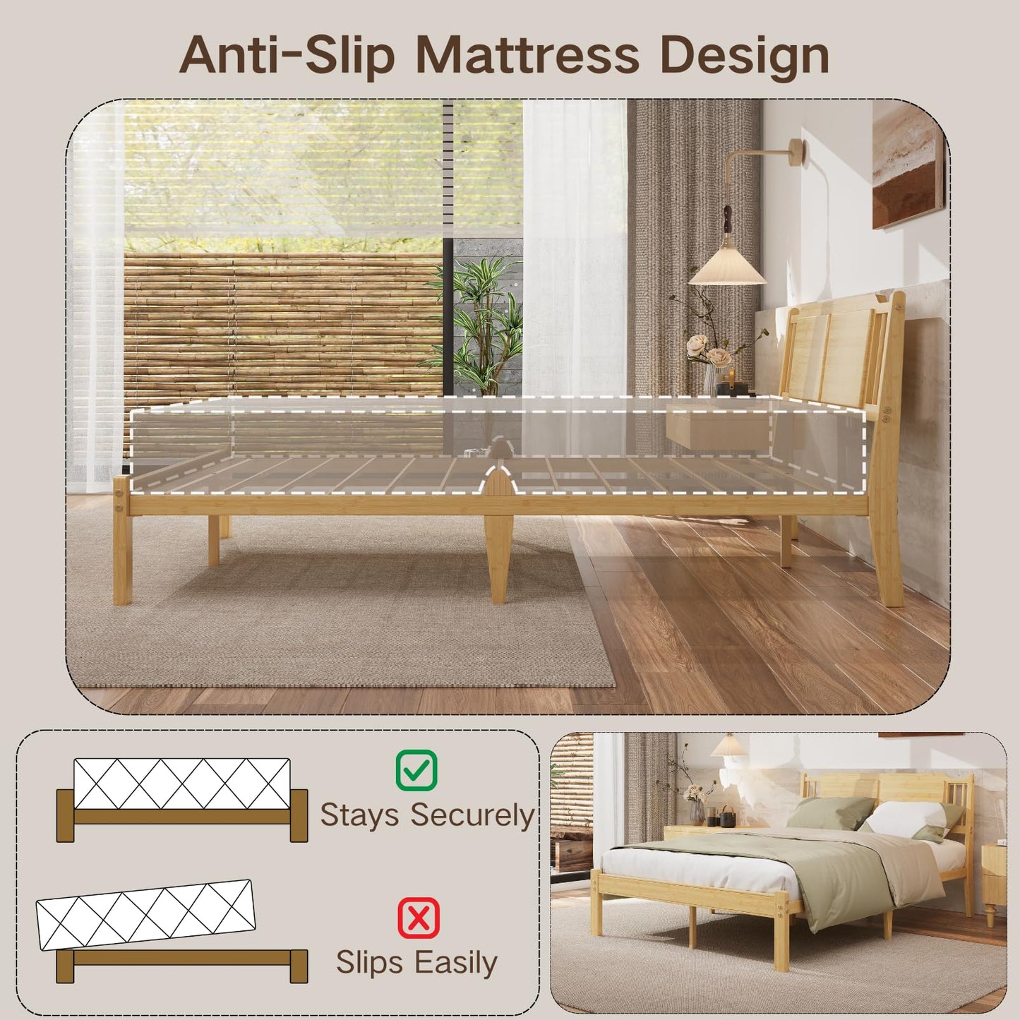 COMASACH Full Size Bed Frame with Headboard, 14 Inch Full Bamboo Wood Platform Bed, Heavy Duty Metal Slat Support, No Box Spring Needed, Easy Assembly