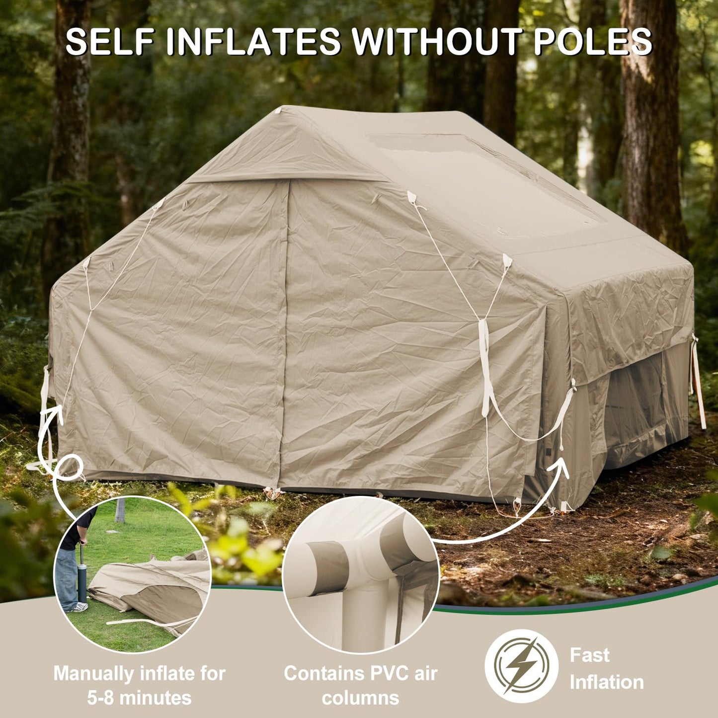 Blow Up Tent with Skylight and Stove Jack,4-6 Person Inflatable Camping Hot Tent with Pump,Easy Setup Family Camping Tent 4 Season Waterproof Outdoor Tents,Beige