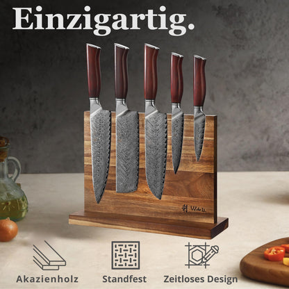 Wakoli Rose Elegance Knife Block Set – 5-Piece Professional Damascus Kitchen Knife Set with Magnetic Block – 67-Layer Damascus Steel with VG10 Core, Ergonomic Rosewood Handles in Gift Box