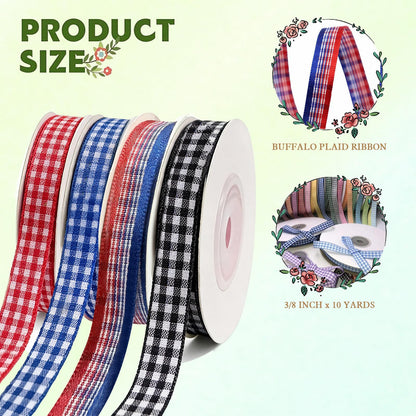4 Rolls Summer Gingham Ribbon, 4th of July Buffalo Plaid Ribbon Thin Checkered Polyester Fabric for Gift Wrapping DIY Crafts Picnic Home Party Decor, Blue/Black/Red/Mix, 10 Yds x 3/8 In, Total 120 Fts