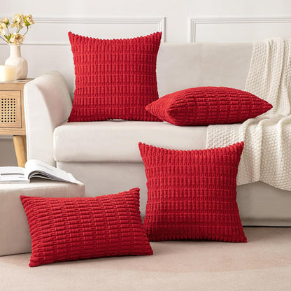 MIULEE Red Corduroy Decorative Pillow Covers - Soft Boho Striped 18x18 Inch for Modern Farmhouse Decor