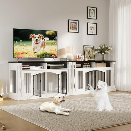 63 Inch Double Dog Crate TV Stand, Heavy Duty Wooden Dog Crate Furniture for 2 Dogs, Dog Kennel Indoor Furniture Ideal for 2 Dogs