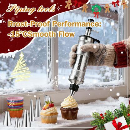 Dualshine Dessert Decorating Syringe Set, Frosting Piping Kit, Stainless Steels Icing Piping Kit, Cake Decorating Tools 6 Russian Piping Icing Nozzles Cupcake Piping Kit Christmas Baking Gifts