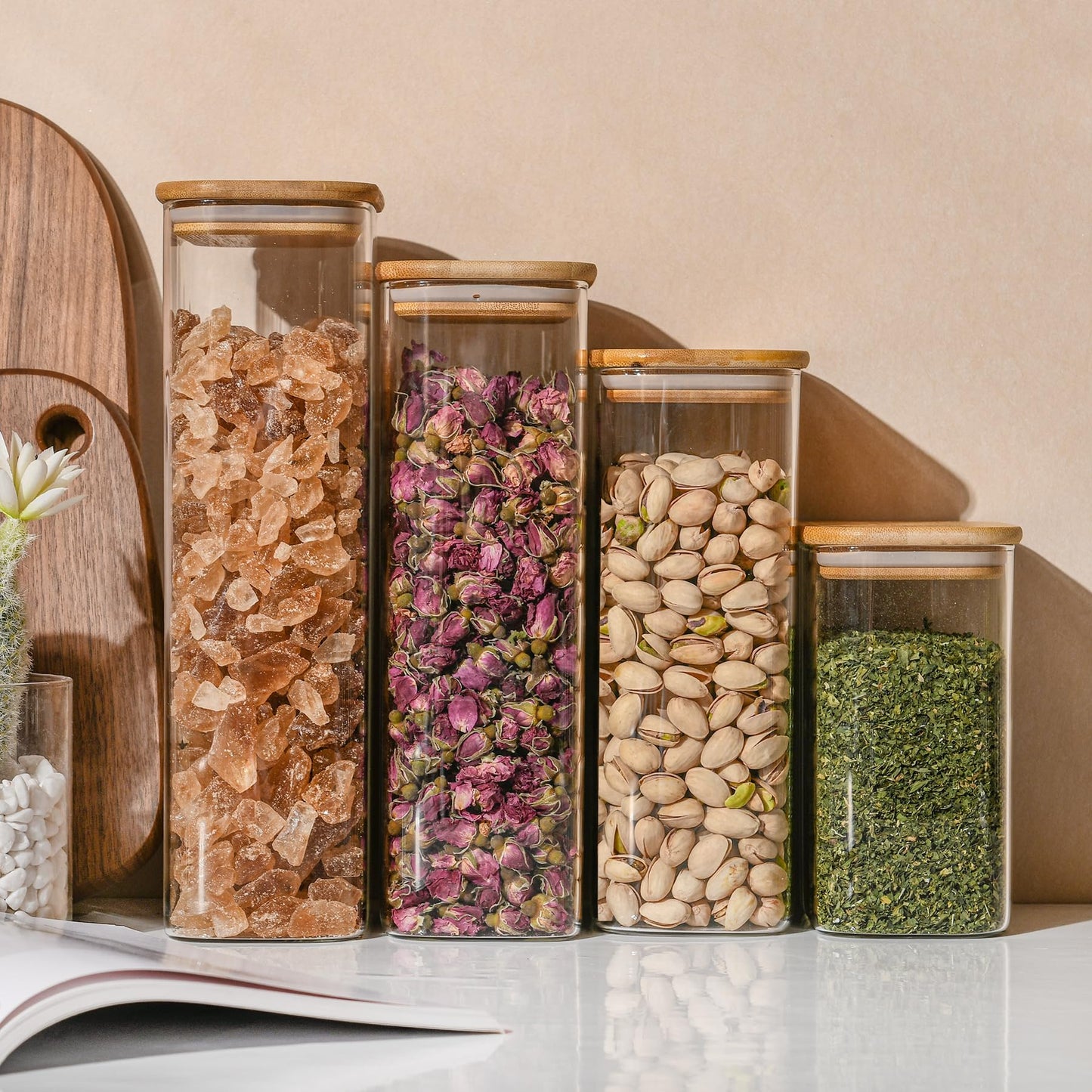 D2scrma 37oz Rectangle Airtight Glass Storage Containers with Bamboo Lids (Set of 6), Square Food Storage Jar, Pantry Organizers for Cereal, Nuts, Snacks and Coffee beans (‎with Black Lable)