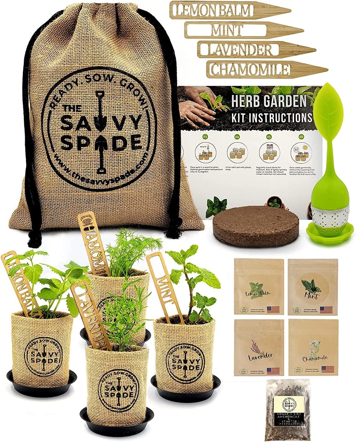Tea Seeds Herb Garden Kit Indoor Non-GMO Heirloom Chamomile, Lavender, Mint, Lemon Balm Herbal Tea Seeds for Planting
