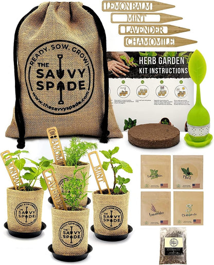 Tea Seeds Herb Garden Kit Indoor Non-GMO Heirloom Chamomile, Lavender, Mint, Lemon Balm Herbal Tea Seeds for Planting