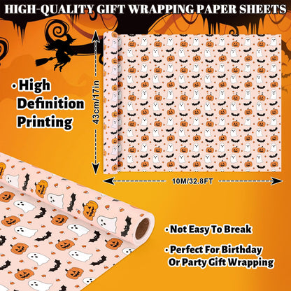 Whaline Halloween Wrapping Paper - Mini Roll - 17 In x 32.8 Ft Cute Pumpkin Ghost Bats Gift Wrap Paper Boho Orange DIY Art Crafts Packing Supplies for Halloween Birthday Baby Shower Holiday Party