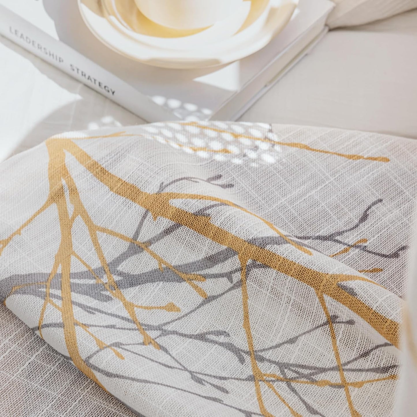 FMFUNCTEX White Sheer Front Door Curtains, 40 Inches Long Yellow Grey Print Branch Tree Half French Panel, 50 Inches