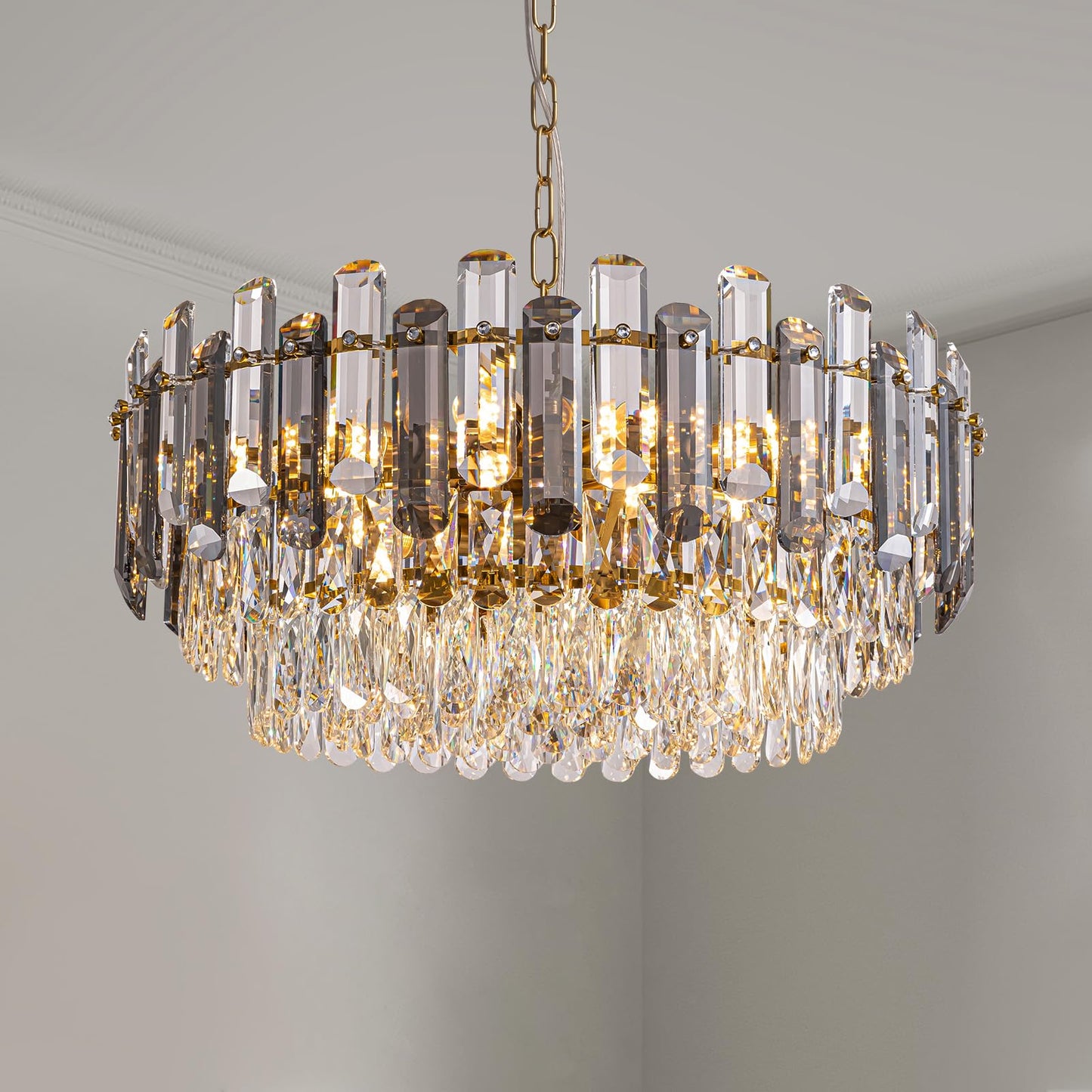 7PM Gold Crystal Chandeliers, 24-inch 4-Tier Modern Crystal Chandelier for Dining Room, Luxury Crystal Pendant Light Ceiling Light Fixture for Living Room Kitchen Island Bedroom Entryway, Brass Finish