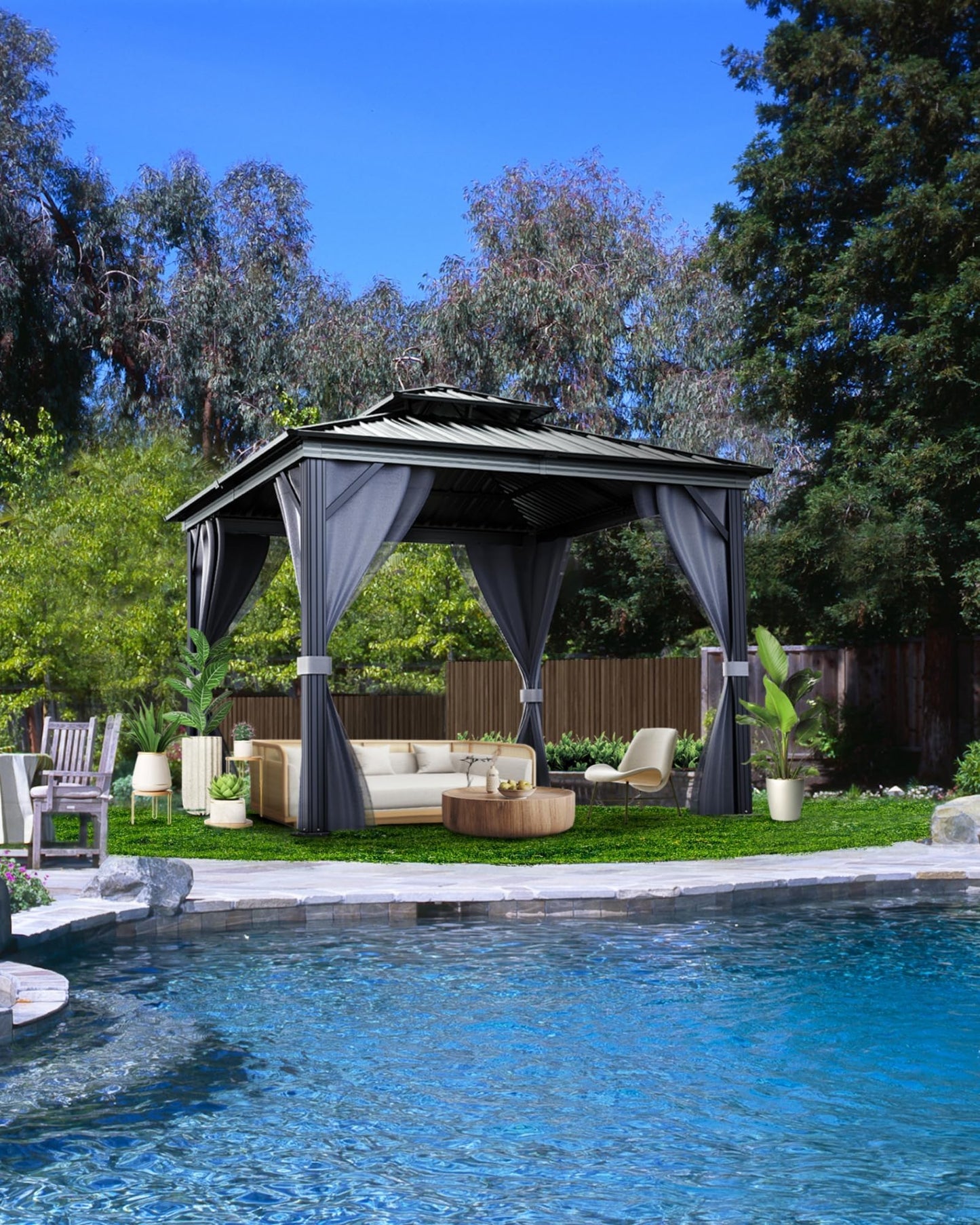 PeacefulHues 10' x 10' Permanent Hardtop Gazebo with Aluminum Frame, Double Galvanized Steel Roof, Curtains and Netting, Outdoor Patio Pavilion for Backyard, Deck, Garden – Gray