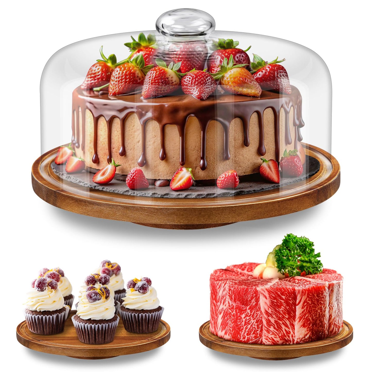 Yangbaga 11IN Wood Cake Stand with Dome Lid, Rotating Cake Stand with Glass Dome- Cake Plate with Cover for Baking Gifts/Birthday Kitchen/Party/Weddings