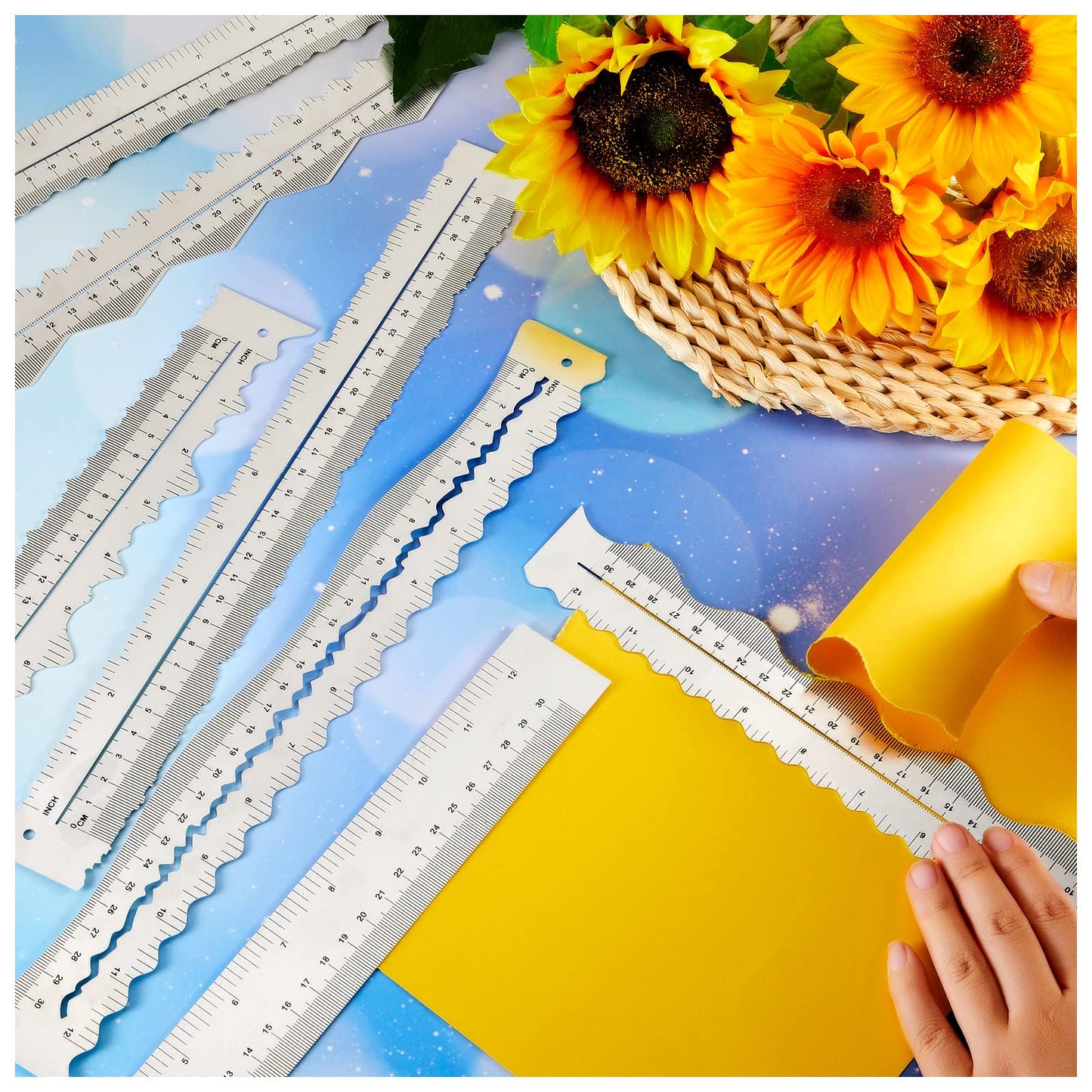 Henoyso 7 Pcs Metal Paper Tearing Ruler Deckle Edge Craft Stainless Steel Paper Cut Tool 12 Inch Irregular Edges Ruler Measurements Tool with 2 Watercolor Pen for Craft School Scrapbook
