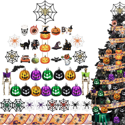 Halfchet 43 Pcs Halloween Hanging Tree Ornaments Decorations Spider Web Pumpkin Skull Bat Cat Eyeball Hanging Ornaments with Ribbon Pumpkin Toppers for Halloween Fall Party