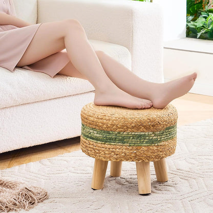 Handwoven Round Ottoman, Natural Water Hyacinth Outdoor Patio Pouf Seagrass Low Stool with Wood Legs, Soft Padded